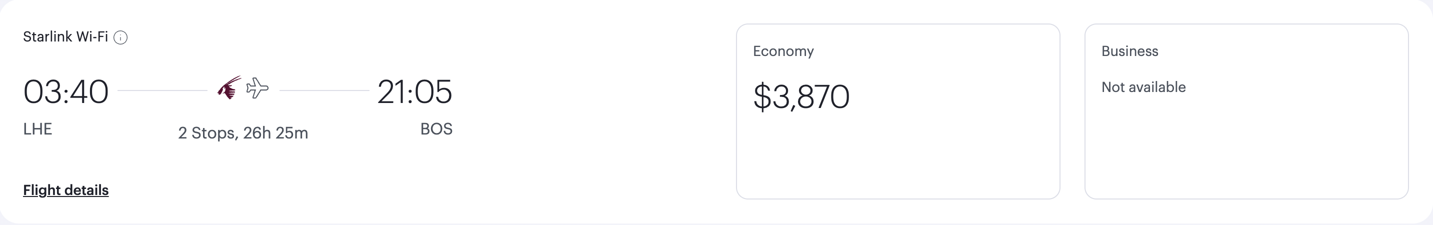 Qatar Airways LHE to BOS, $3,870 economy