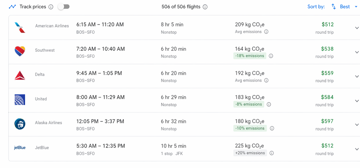 Google Flights results showing prices up to $597